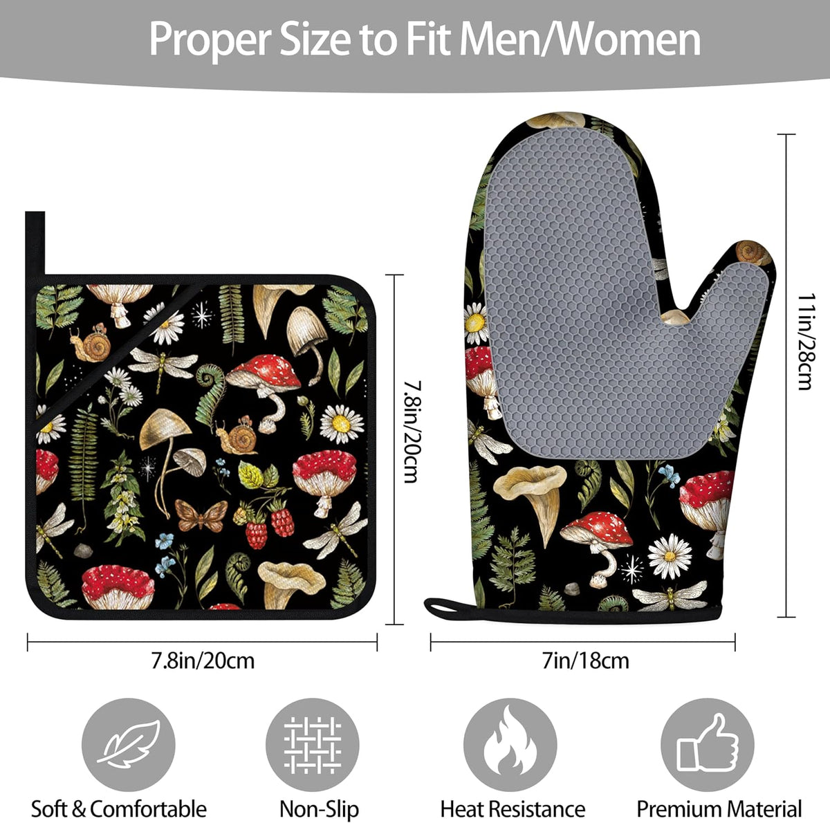 Mushroom Oven Mitts and Pot Holders Sets of 4 Heat Resistant Silicone Oven Mitts Gloves Non-Slip Kitchen Mittens Potholders for Cooking Baking Grilling BBQ