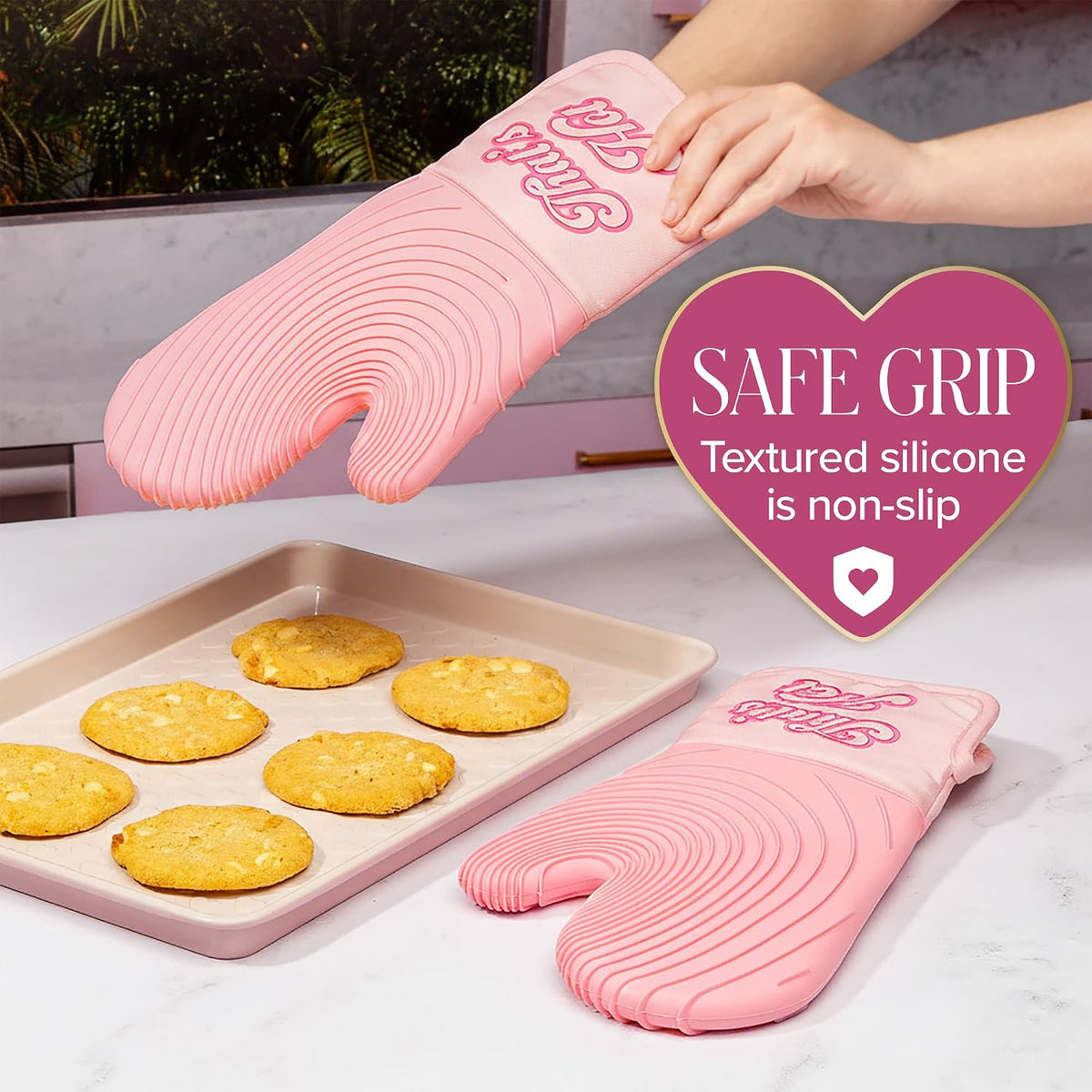 Paris Hilton Oven Mitt Set with Iconic That's HOT Design, Heat Resistant Pot Holders Featuring Non-Slip Textured Silicone Grips, 2-Piece Set, Pink