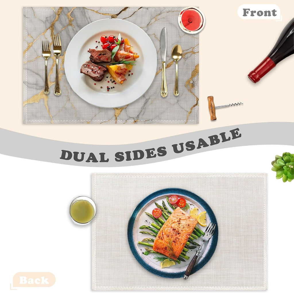Placemats Set of 6,White Gold Marble Linen Table Mats Abstract Heat Resistant Place Mats Washable Dining Table Mats for Indoor Outdoor Kitchen Decor Easy Clean 12 x 18 Inch