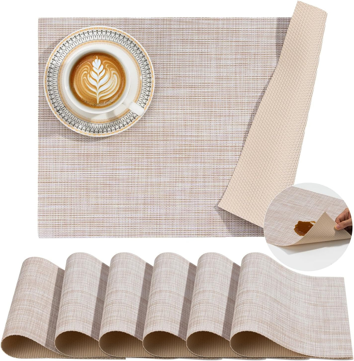 BACKTOEDEN Leakproof Placemats Set of 6, 2-Layer Waterproof placemat for No More Stains, Heat-Resistant Easy Clean Vinyl Table Place Mats for Kitchen Dining Indoor Outdoor, Beige