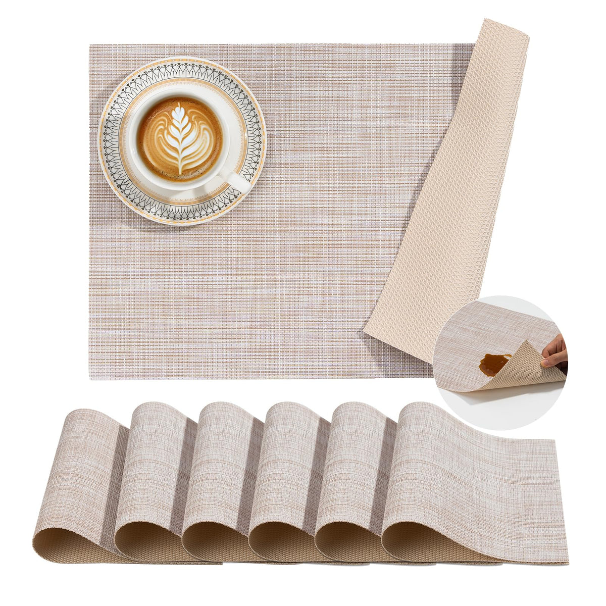 BACKTOEDEN Leakproof Placemats Set of 6, 2-Layer Waterproof placemat for No More Stains, Heat-Resistant Easy Clean Vinyl Table Place Mats for Kitchen Dining Indoor Outdoor, Beige