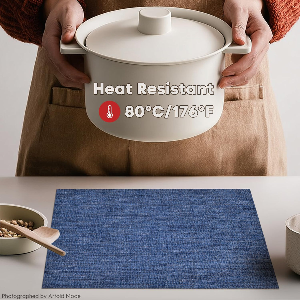 Artoid Mode Navy Blue Vinyl Placemats Set of 4, Washable Heat Resistant Non-Slip Woven Plastic PVC Place Mats for Farmhouse Holiday Party Kitchen Dining Decor