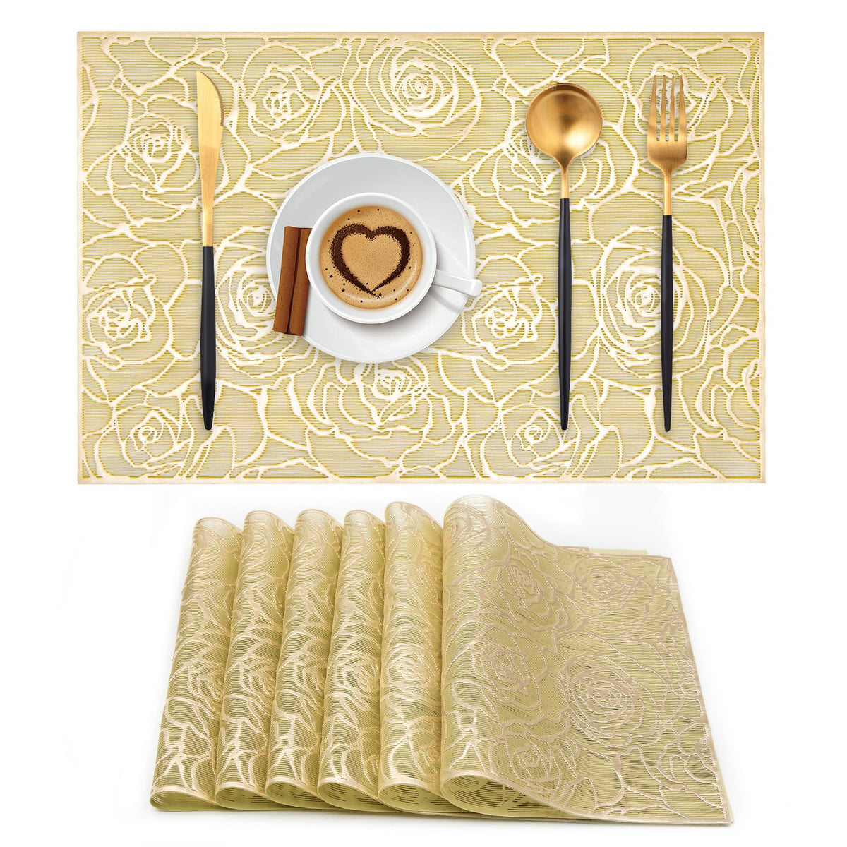 Gold Rectangle Placemats Set of 6 Daisy Vinyl Place Mats for Dining Tables