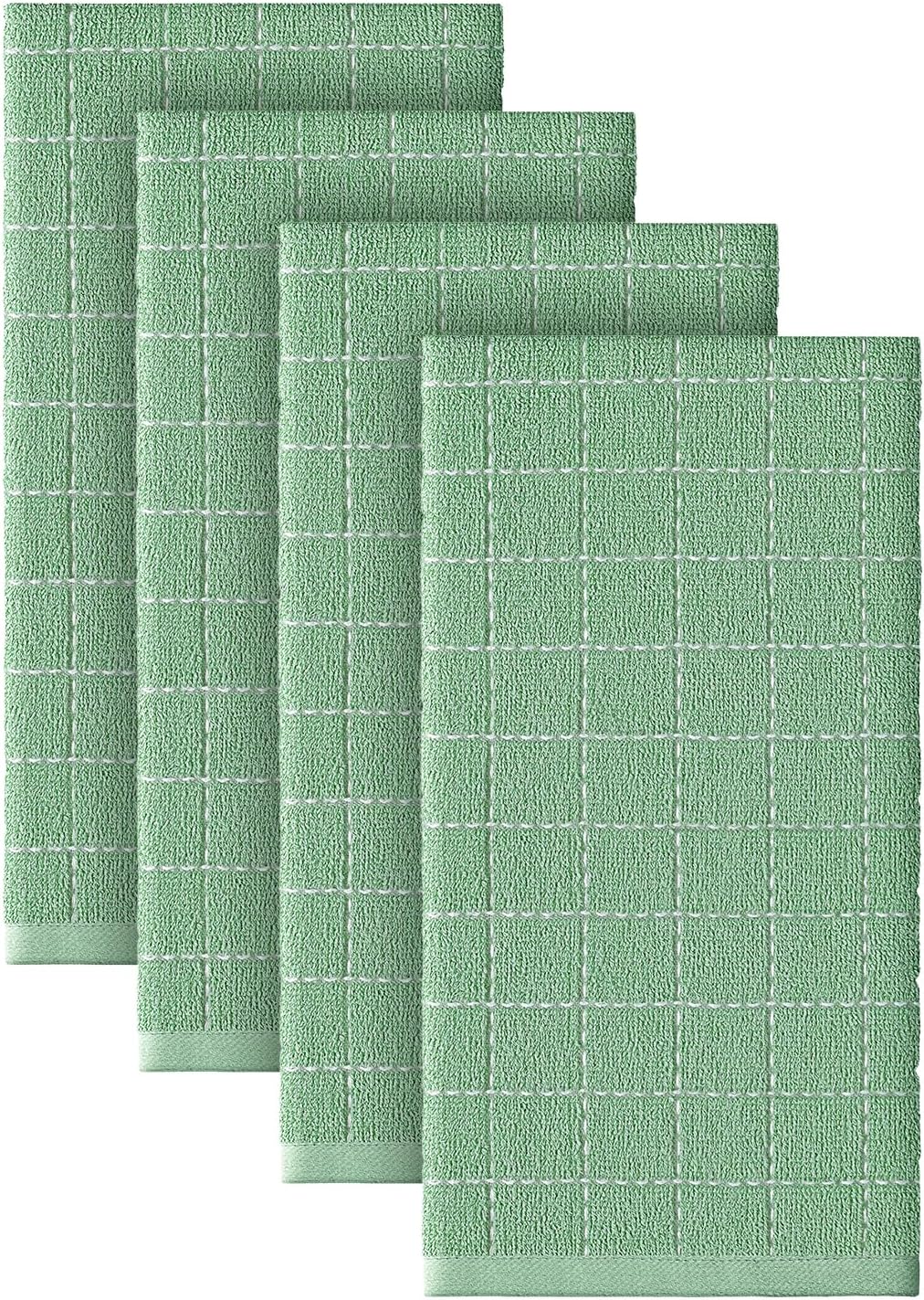 Artoid Mode Checkered Designed Cotton Light Green Terry Kitchen Dish Towels, 15x25 Inch Soft Absorbent Quick Drying Cleaning Tea Towels Set of 4
