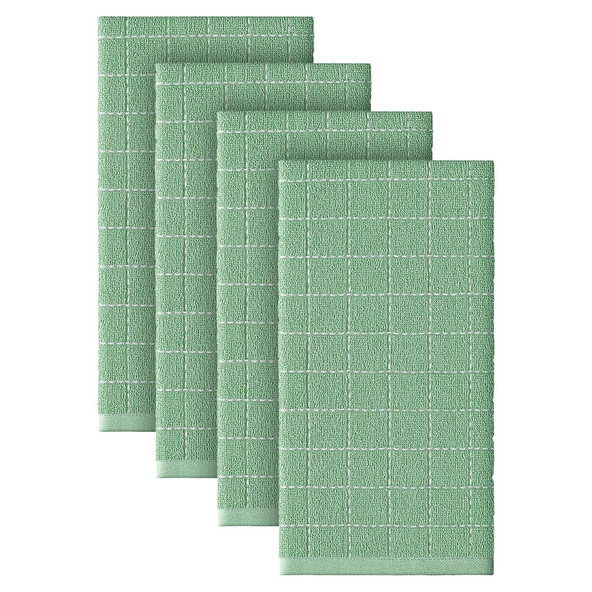 Artoid Mode Checkered Designed Cotton Light Green Terry Kitchen Dish Towels, 15x25 Inch Soft Absorbent Quick Drying Cleaning Tea Towels Set of 4