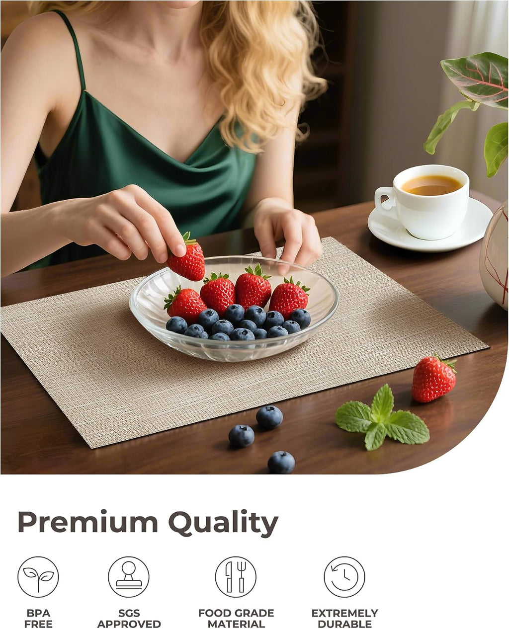 Beige Placemats Set of 6 - Heat-Resistant, Non-Slip Table Mats, Washable Woven Vinyl for Indoor & Outdoor Dining