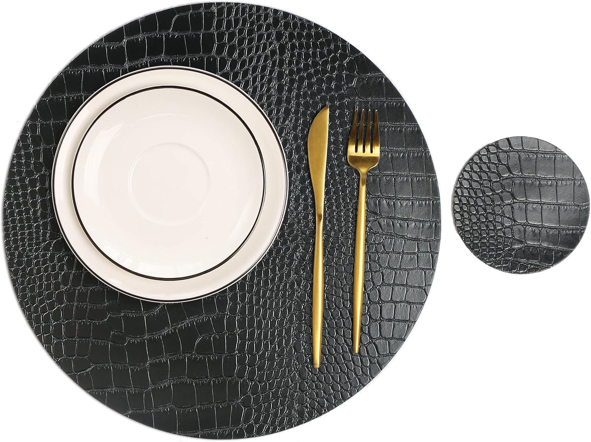 Round Leather Placemats for Round Tables Set of 4, Black Place Mats and Coasters, Washable Easy to Care for Indoor Decor 13" Diameter