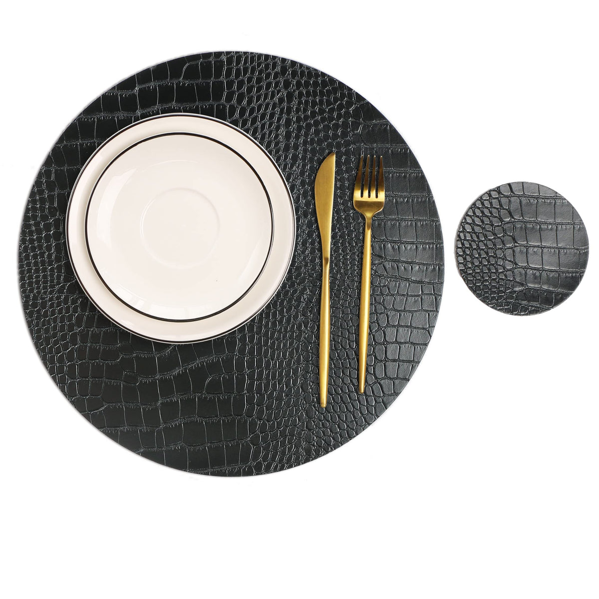 Round Leather Placemats for Round Tables Set of 4, Black Place Mats and Coasters, Washable Easy to Care for Indoor Decor 13" Diameter