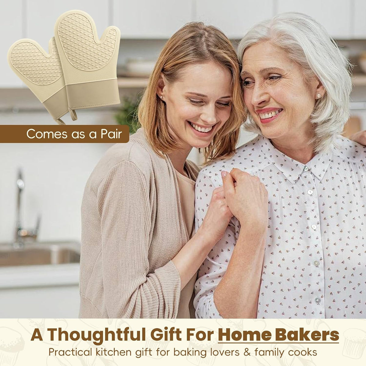 Silicone Oven Mitts,Heat Resistant, Oven Gloves with Soft Lining,Universal Fit Heat Resistant Kitchen Gloves for Baking, BBQ, Cooking and Grilling (Khaki)