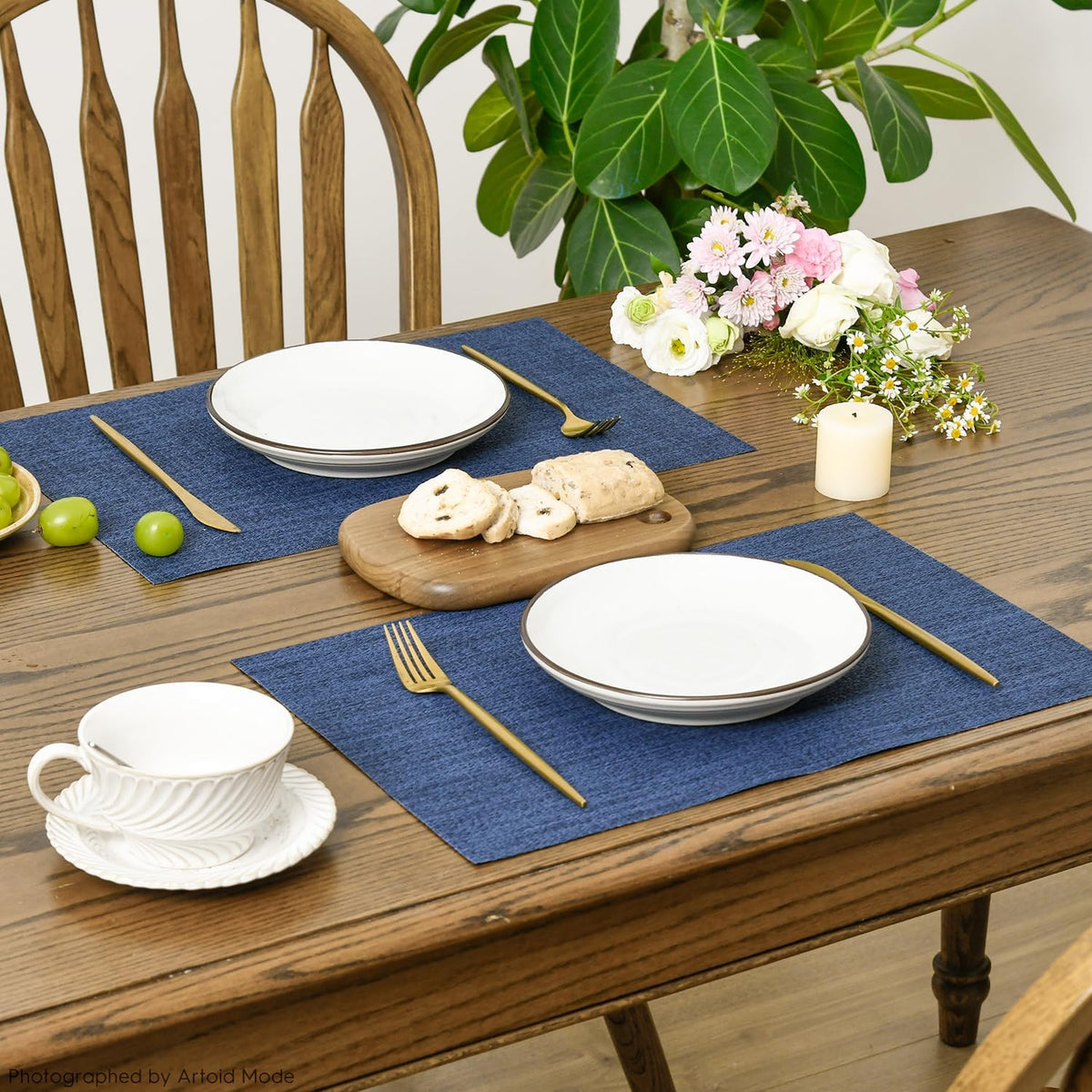Artoid Mode Navy Blue Vinyl Placemats Set of 4, Washable Heat Resistant Non-Slip Woven Plastic PVC Place Mats for Farmhouse Holiday Party Kitchen Dining Decor