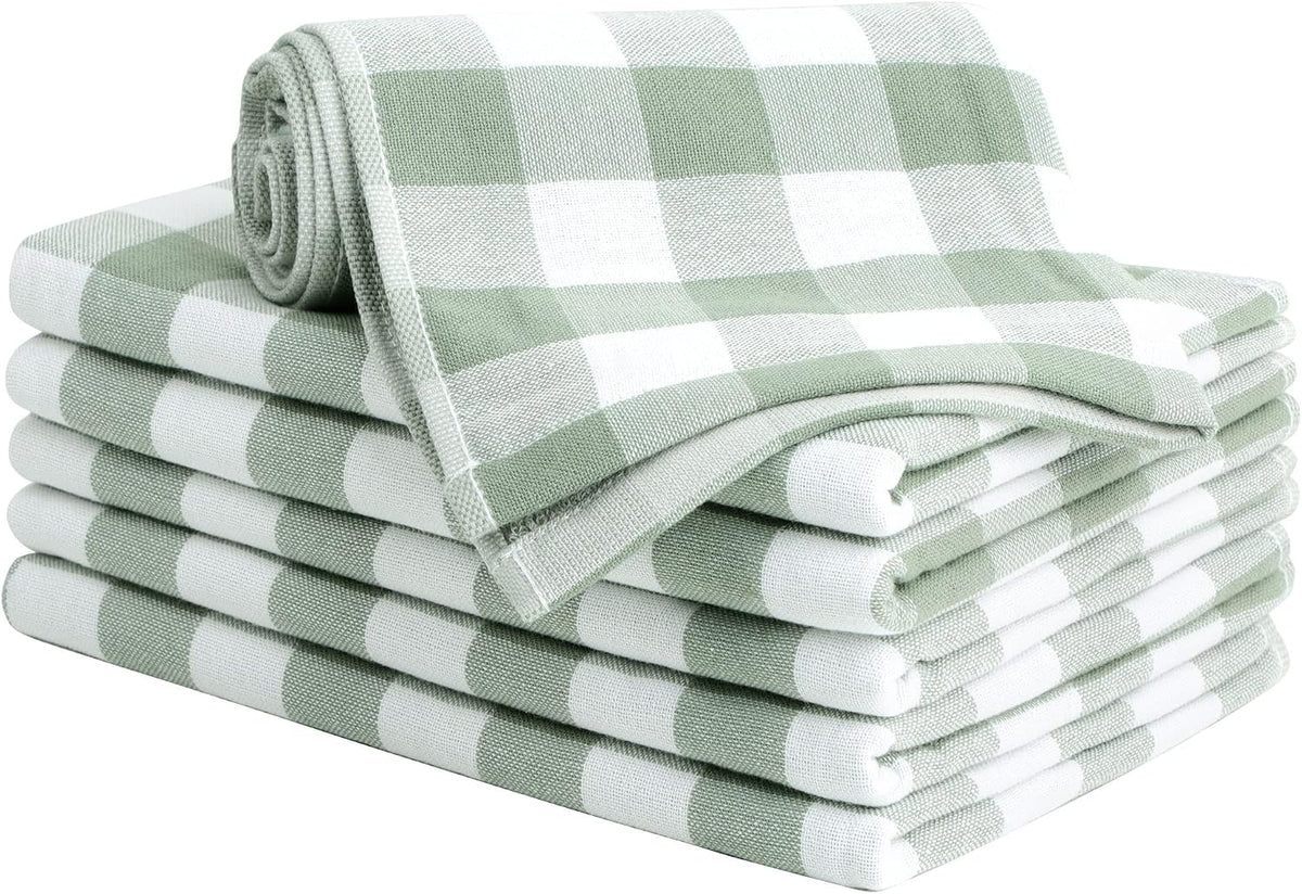 PiccoCasa 100% Cotton Drying Dish Towels Set of 6, Plaid 13x29 Green White