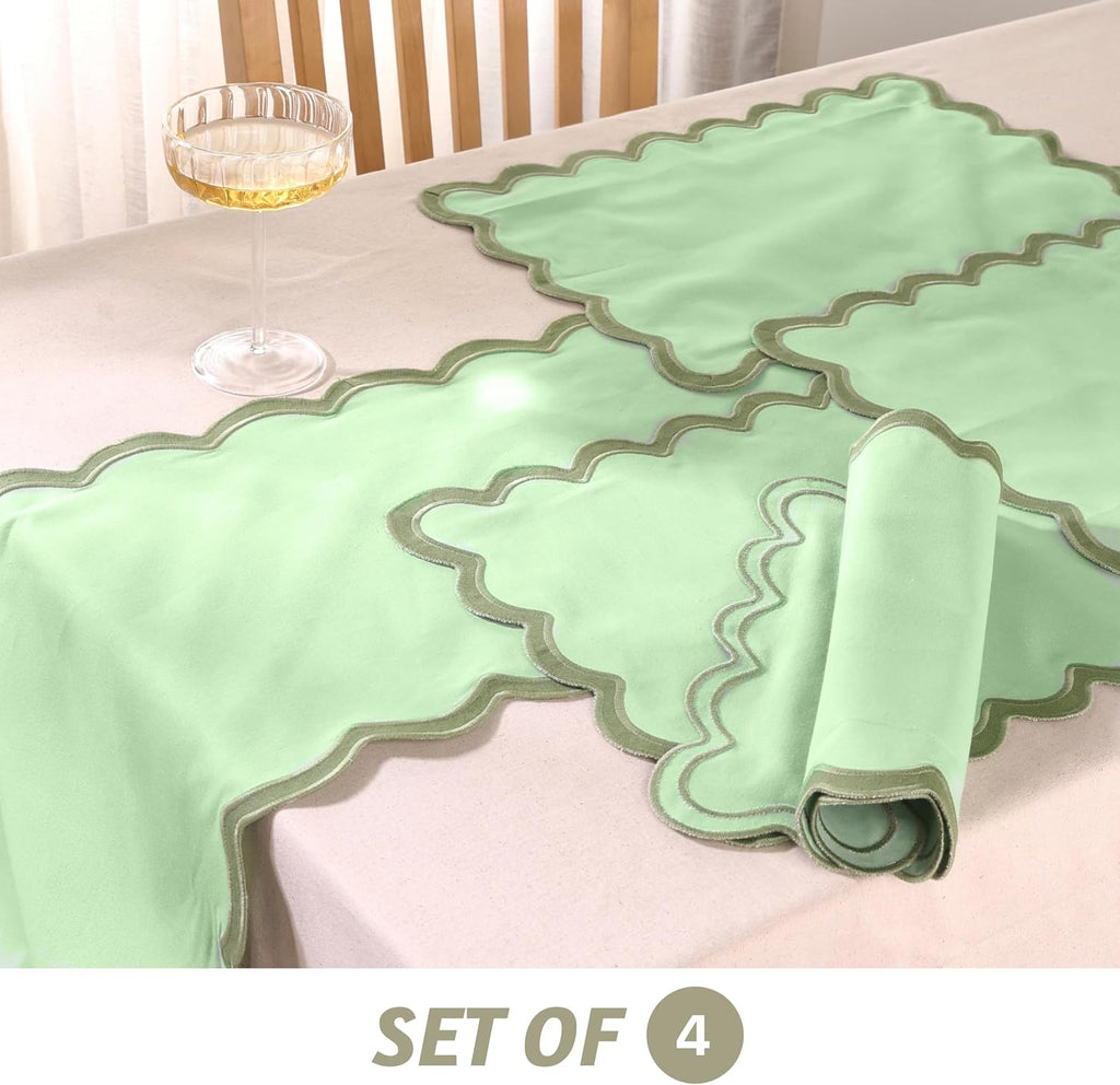 Folkulture Placemats Set of 4, Scalloped, Cute Sage Green - (13x19 Inch)