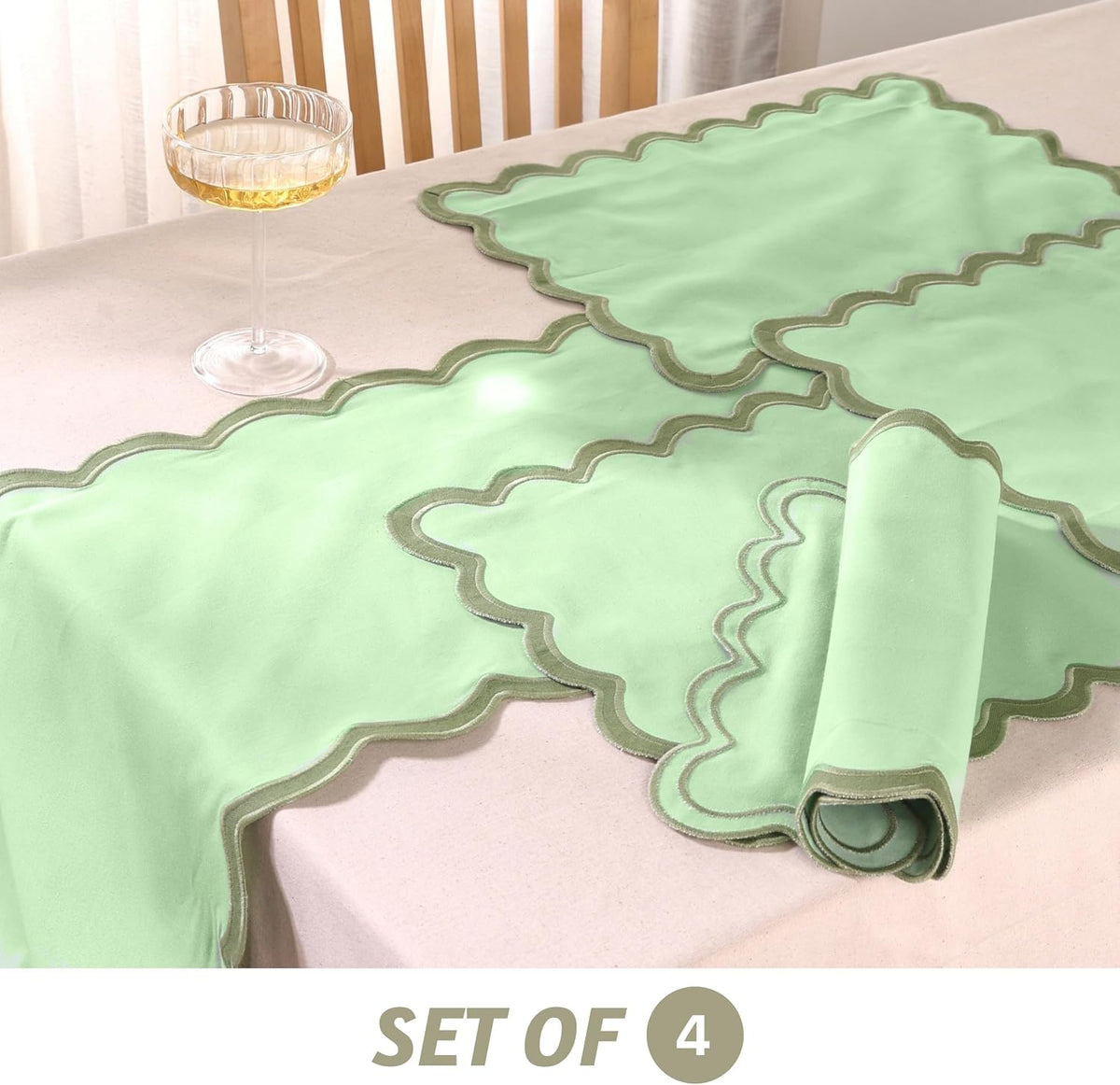 Folkulture Placemats Set of 4, Scalloped, Cute Sage Green - (13x19 Inch)