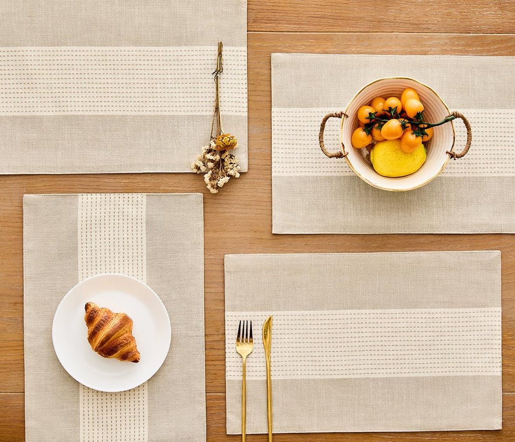 Wracra Linen Placemats, 12 x 18 Inch Set of 4 Placemats, Farmhouse Macrame Place Mats for Kitchen Table and Heat Resistant-Hemstitch Light Coffee 4PCS