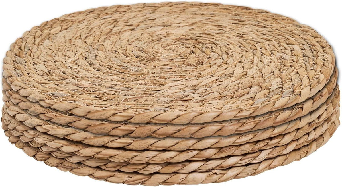6Pcs 12" Round Woven Rattan Placemats,Natural Hand-Woven Water Hyacinth Placemats,Farmhouse Weave Place Mats,Rustic Braided Wicker Table Mats (12inch Set of 6)