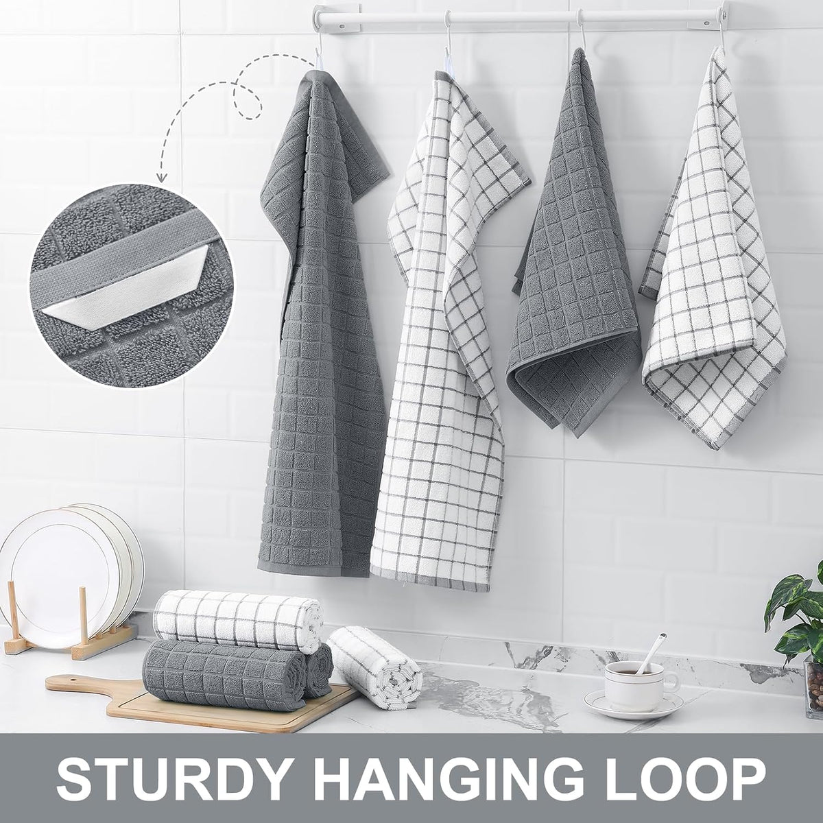Homaxy Large Premium Cotton Kitchen Towels 16"x 28", 6 Pack, Grey
