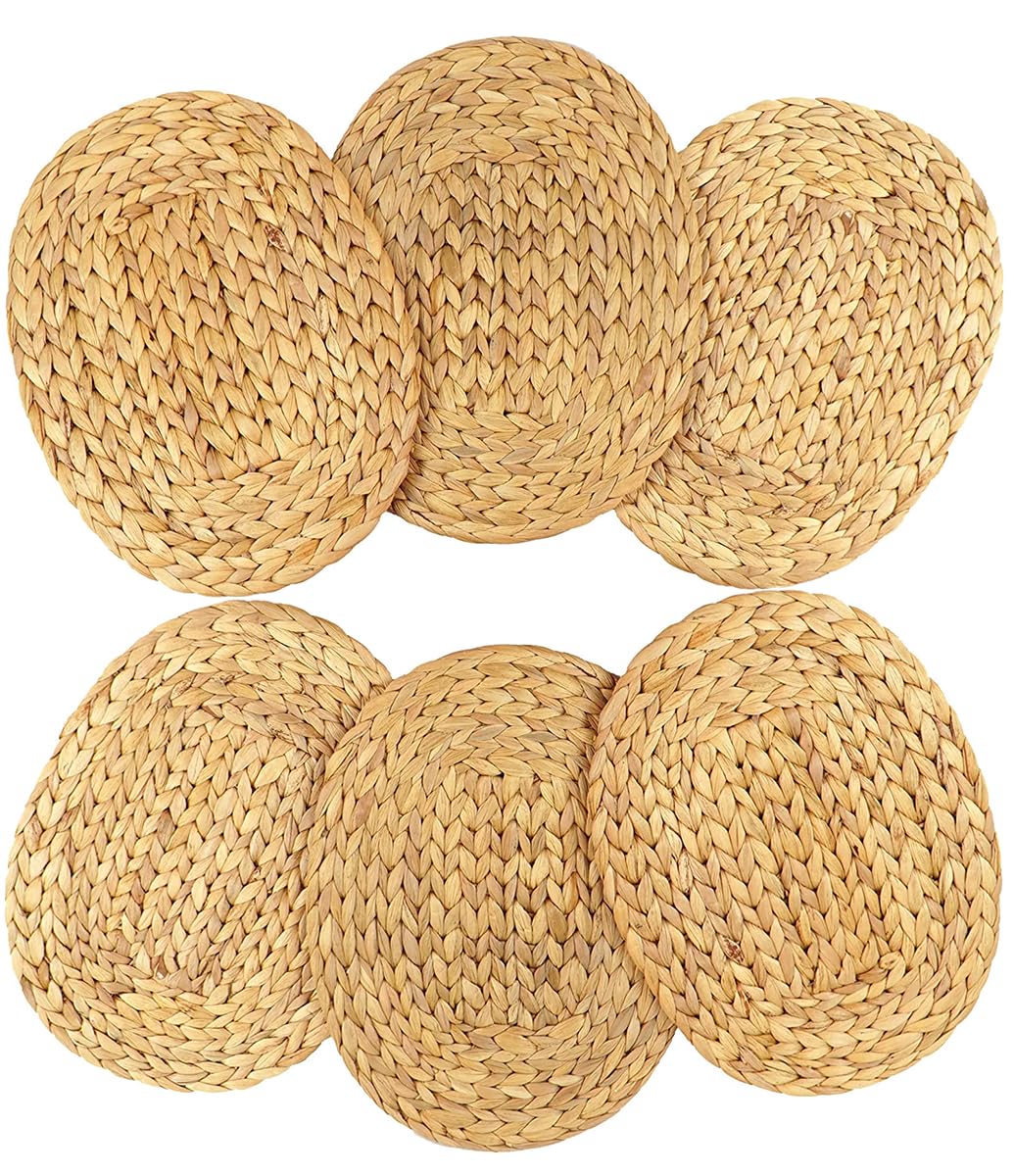 6 Pack Woven Placemats, 12x16 inches Gray Oval Plate Charger Cotton Heat Resistant Non-Slip Weave Place mats Farmhouse Straw Braided Rattan Tablemats Wicker Placemats for Dining Table