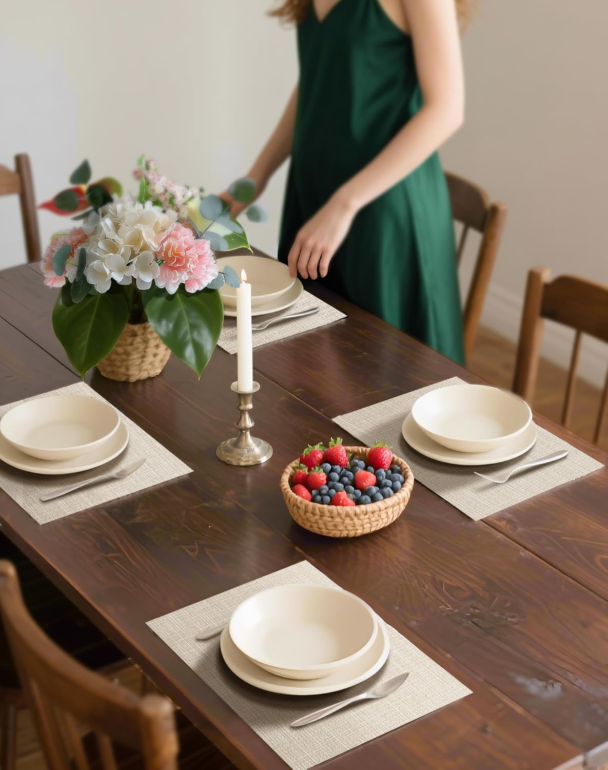 Beige Placemats Set of 6 - Heat-Resistant, Non-Slip Table Mats, Washable Woven Vinyl for Indoor & Outdoor Dining