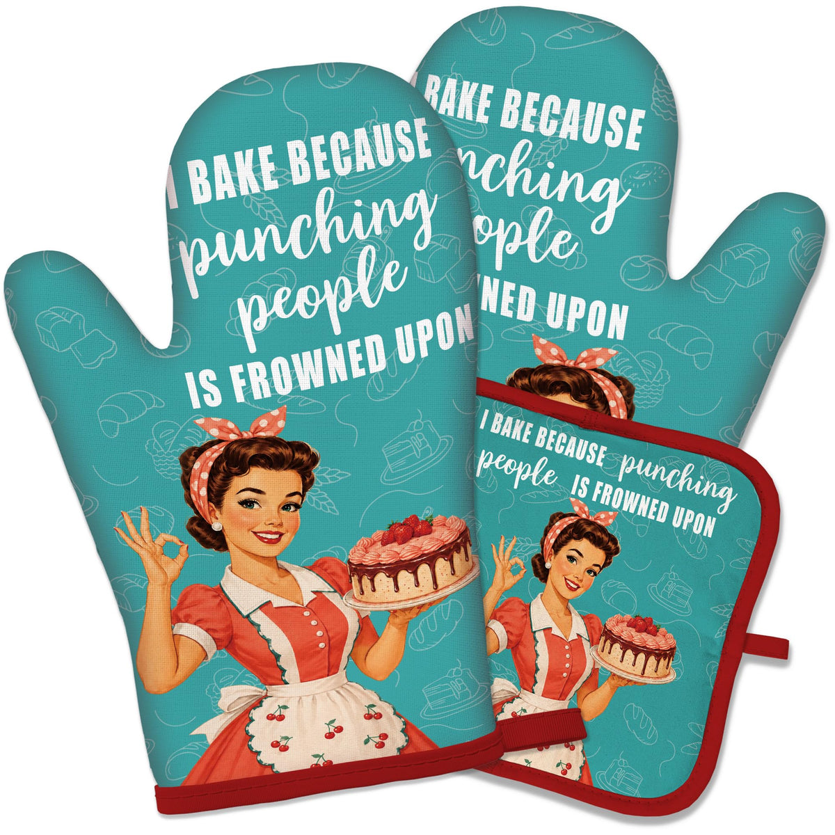 Funny Oven Mitts and Pot Holders Set, Baking Because Murder Cooking Mitts