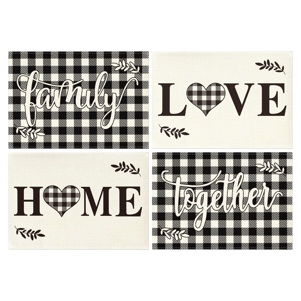 Artoid Mode Wood Love Family Home Together Buffalo Plaid Placemats Set of 4, 12x18 Inch Farmhouse Table Mats Party Kitchen Dining Decoration