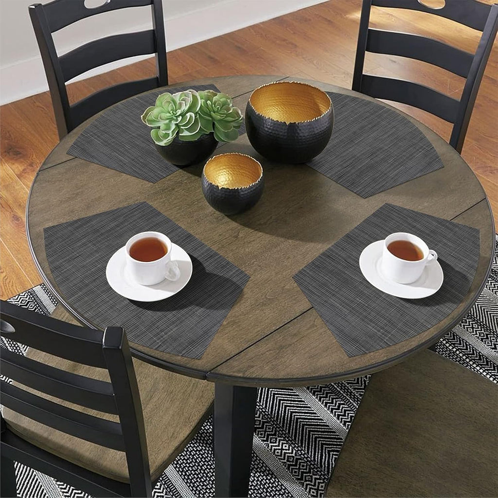 SHACOS Small Round Table Placemats Set of 5 Woven Vinyl Wedge Placemats with Centerpiece Round Table Mats Heat Resistant Wipe Clean (5, Black Gray)