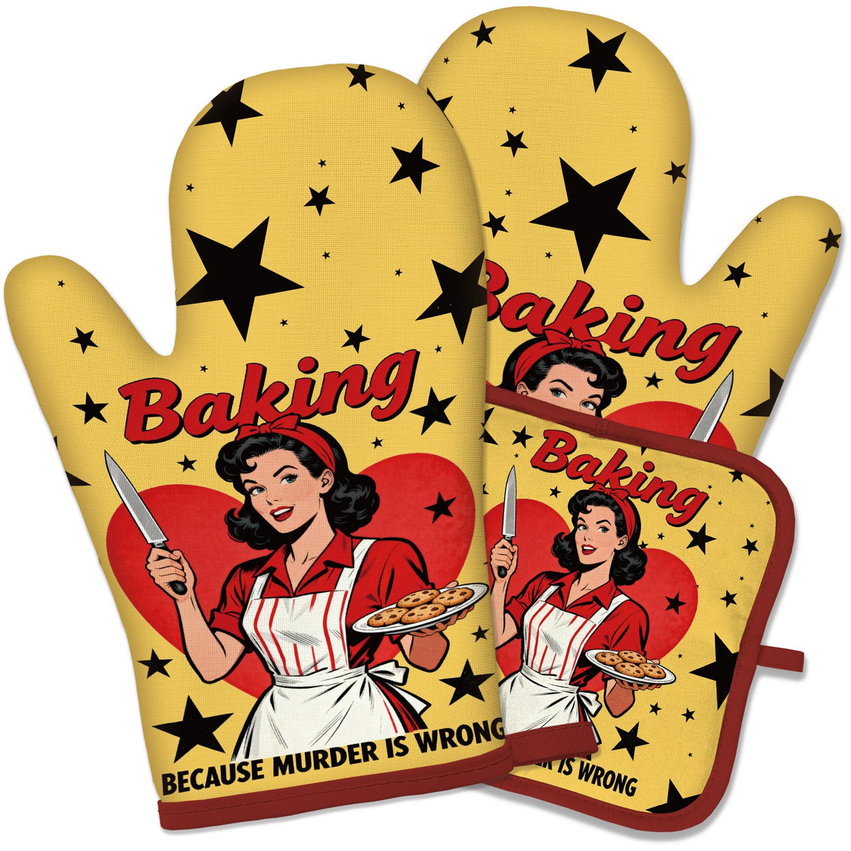 Funny Oven Mitts and Pot Holders Set, Baking Because Murder Cooking Mitts
