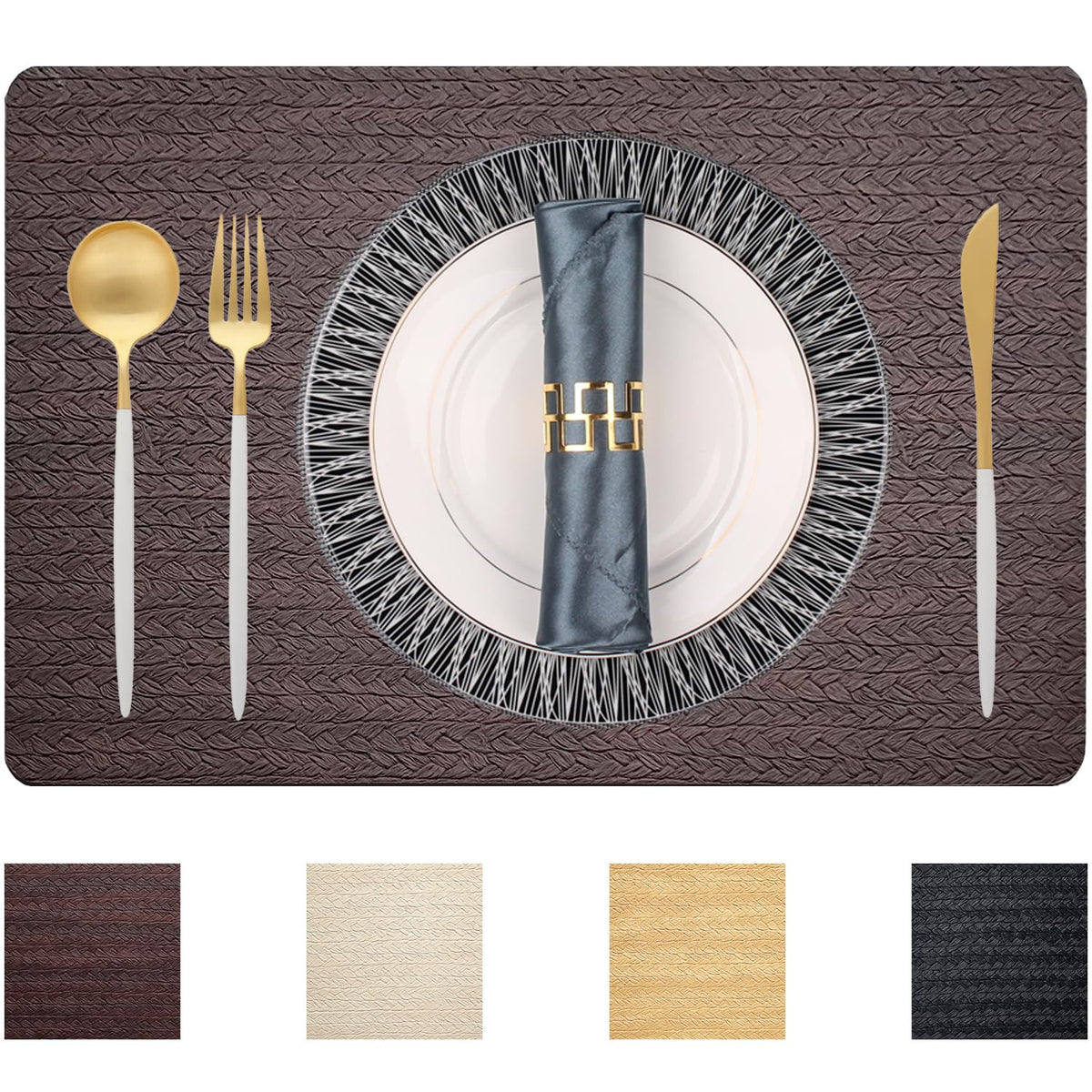 PIGCHCY Place Mats Heat-Resistant Non Slip Placemats Easy Wipe Clean Table Mats Woven Vinyl Placemats for Dining Table(Set of 6, Brown)