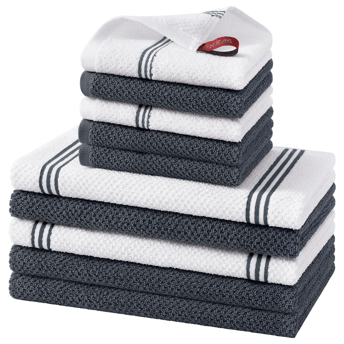 Homaxy Dual Design Kitchen Towels and Dishcloths Set, 8 Pack, Dark Grey