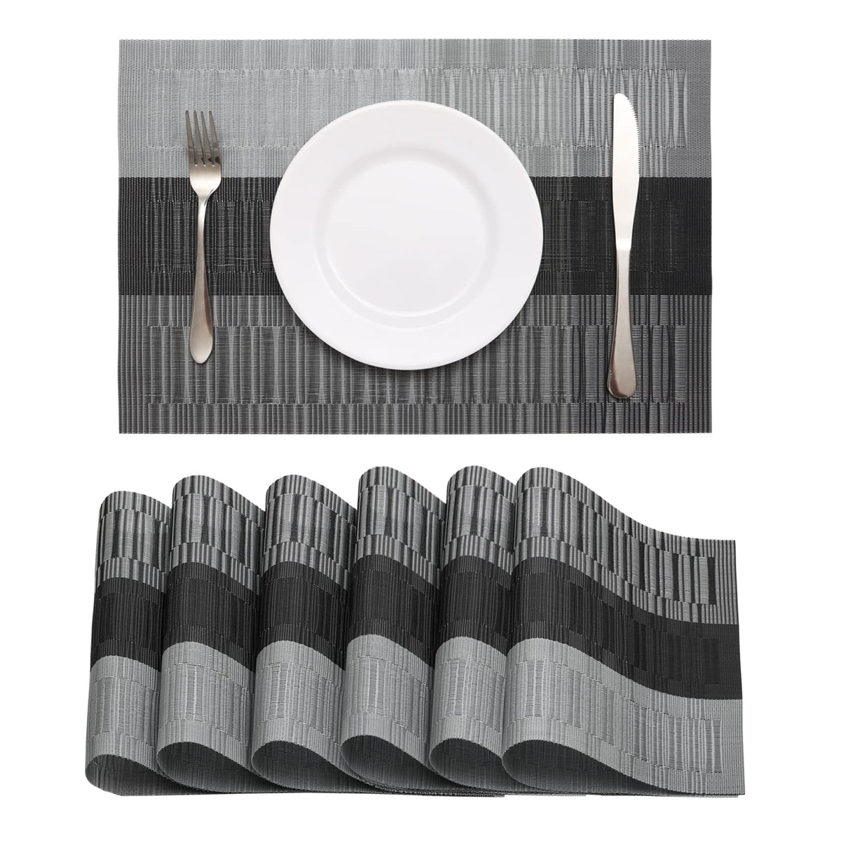 HeloHo Black Placemats Set of 4 Heat-Resistant Washable Place Mats Non-Slip Vinyl Woven Table Mats Wipeable Placemat for Kitchen Dining Table Decoration Indoor Outdoor