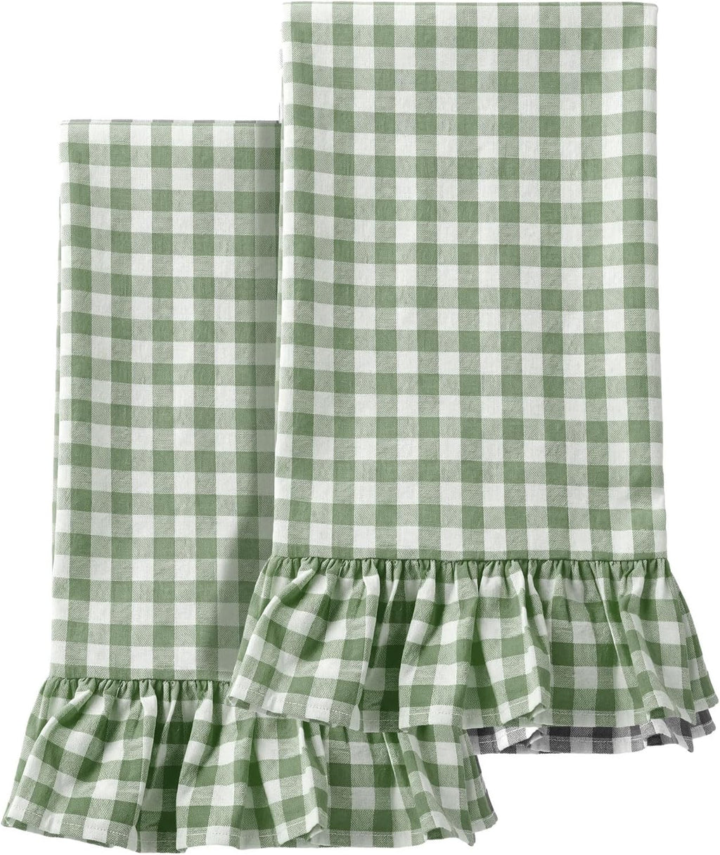 HunnmingRe 2 Pcs Green Gingham Kitchen Towels Cotton Ruffled