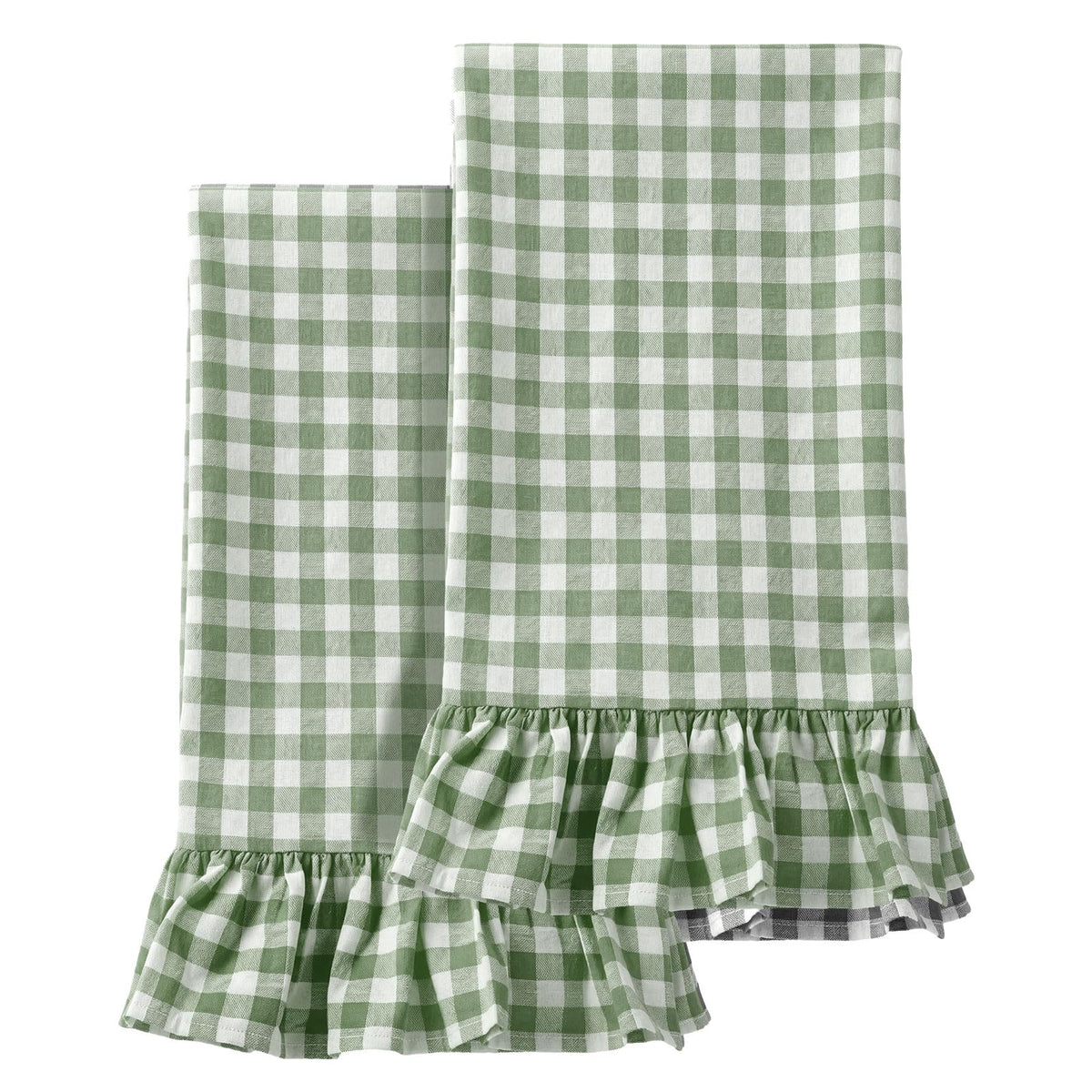HunnmingRe 2 Pcs Green Gingham Kitchen Towels Cotton Ruffled