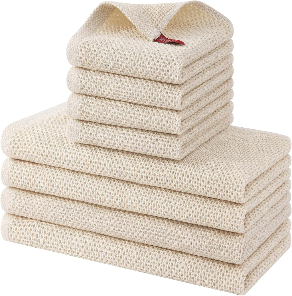 Kitinjoy 100% Cotton Kitchen Towels and Dishcloths Set, 8 Pack- Beige