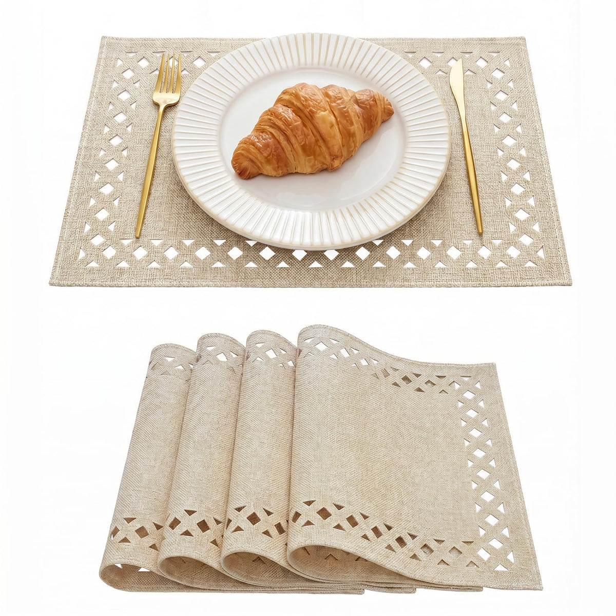 Artoid Mode Farmhouse Placemats Set of 6, Linen Textured Lattice Cutwork Fall Place Mats for Kitchen Dining Table Decor and Outdoor Party, 12 x 18 Inchs, Light Brown