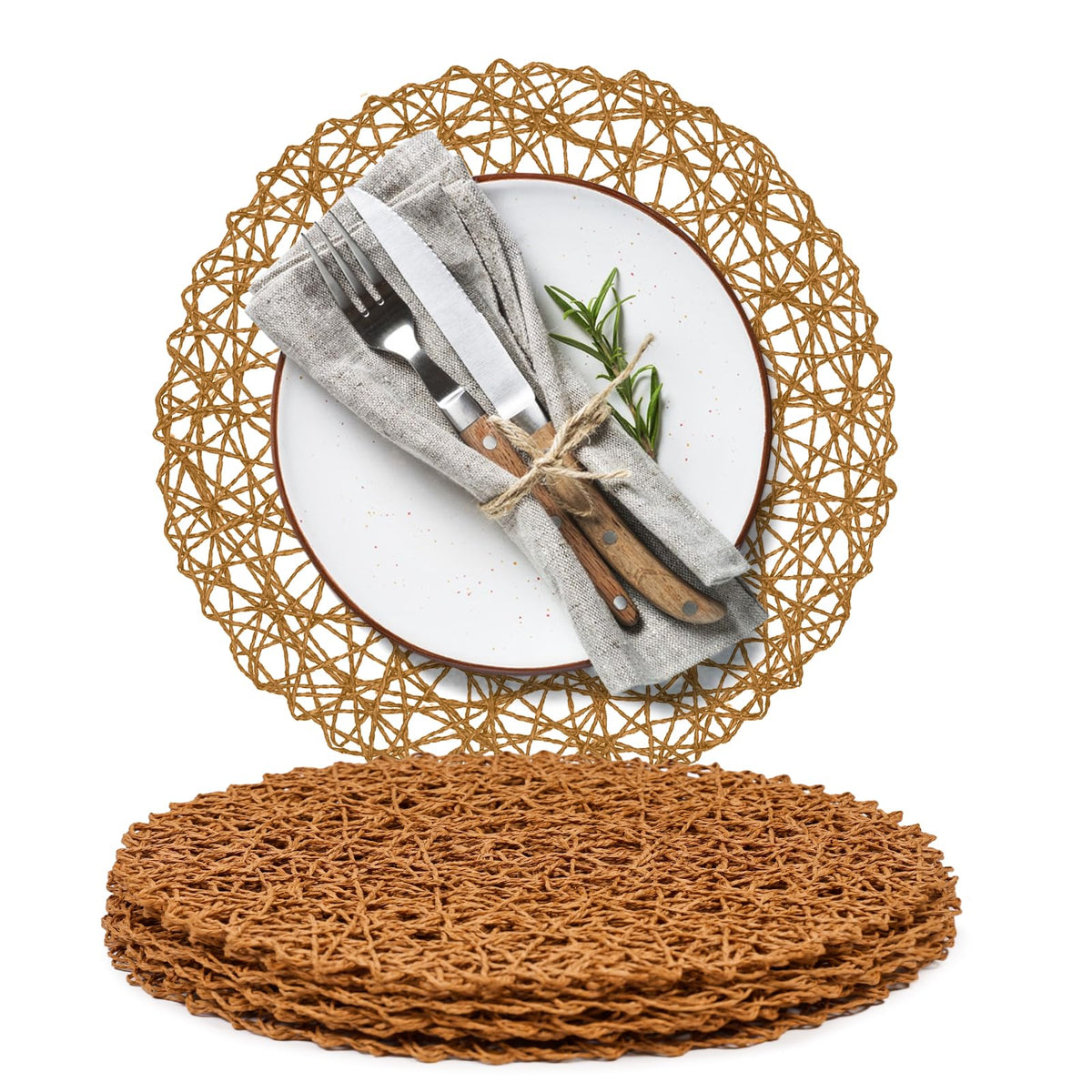 AHHFSMEI Paper Braided Round Placemats Set of 8 Natural Non-Slip Heat Resistant Table Mats for Dining Tables Woven Indoor & Outdoor Place mats(Coffee,8)