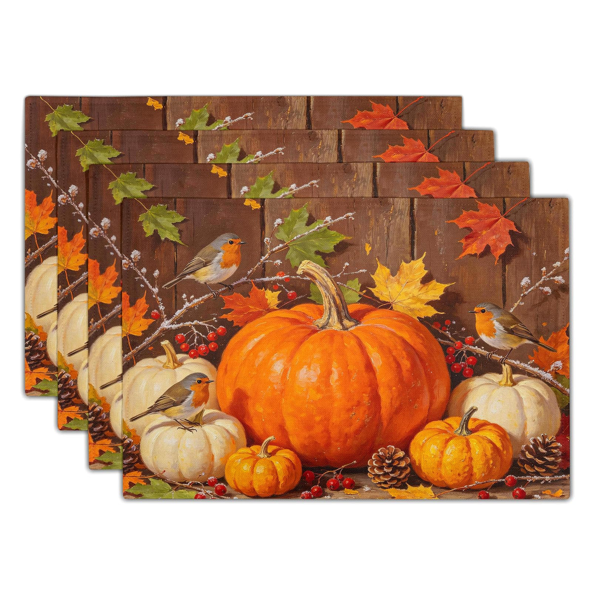 Fall Plaid Placemats Set of 4 Orange Navy Blue Buffalo Plaid Thanksgiving Themed Table Mats Farmhouse Place Mats Washable Linen Placemat for Party Kitchen Dining Decor 12x18 Inch