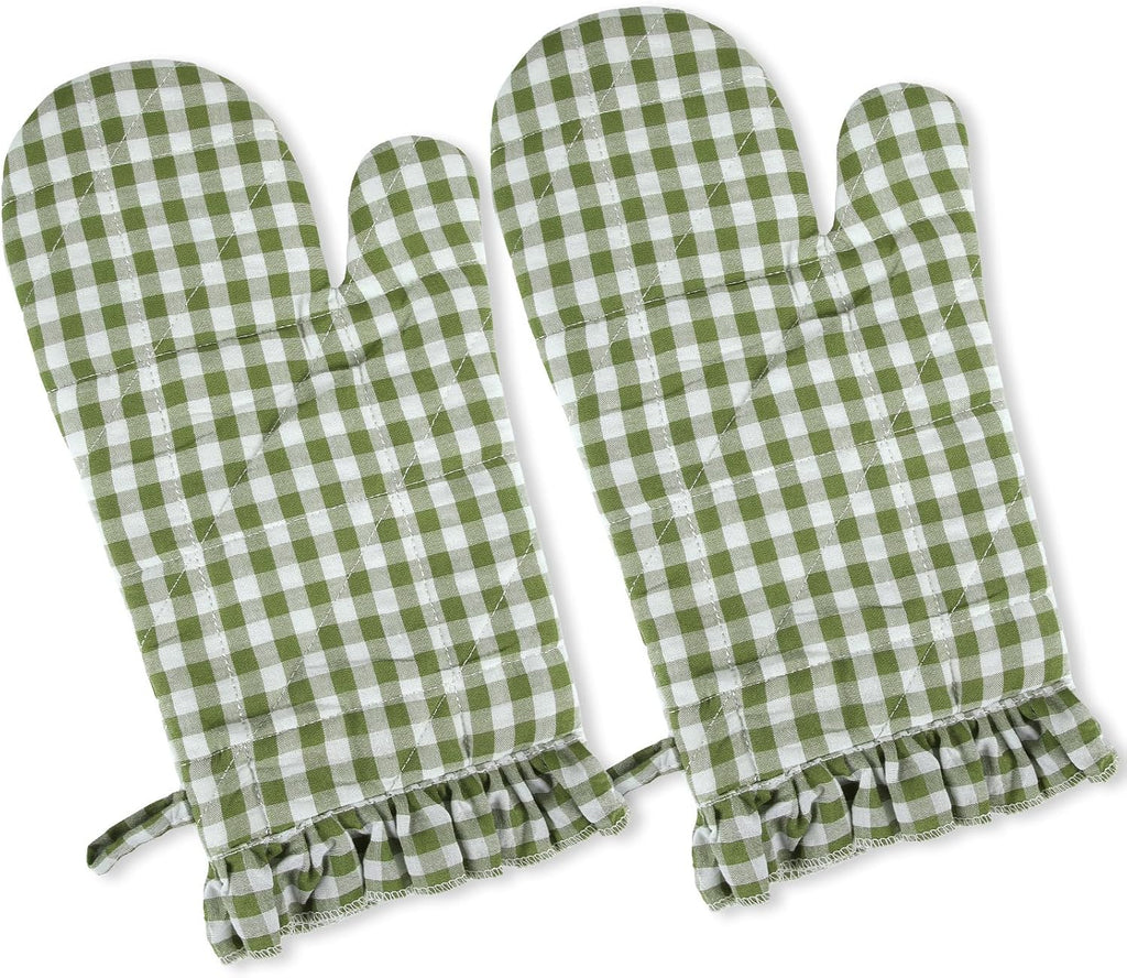 Twistover Ruffle Gingham Oven Mitts 2-Pack Set, Sage Green, 7"x13"