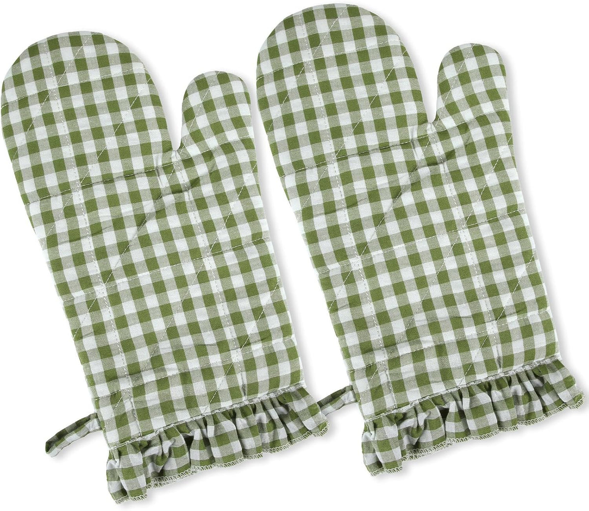 Twistover Ruffle Gingham Oven Mitts 2-Pack Set, Sage Green, 7"x13"