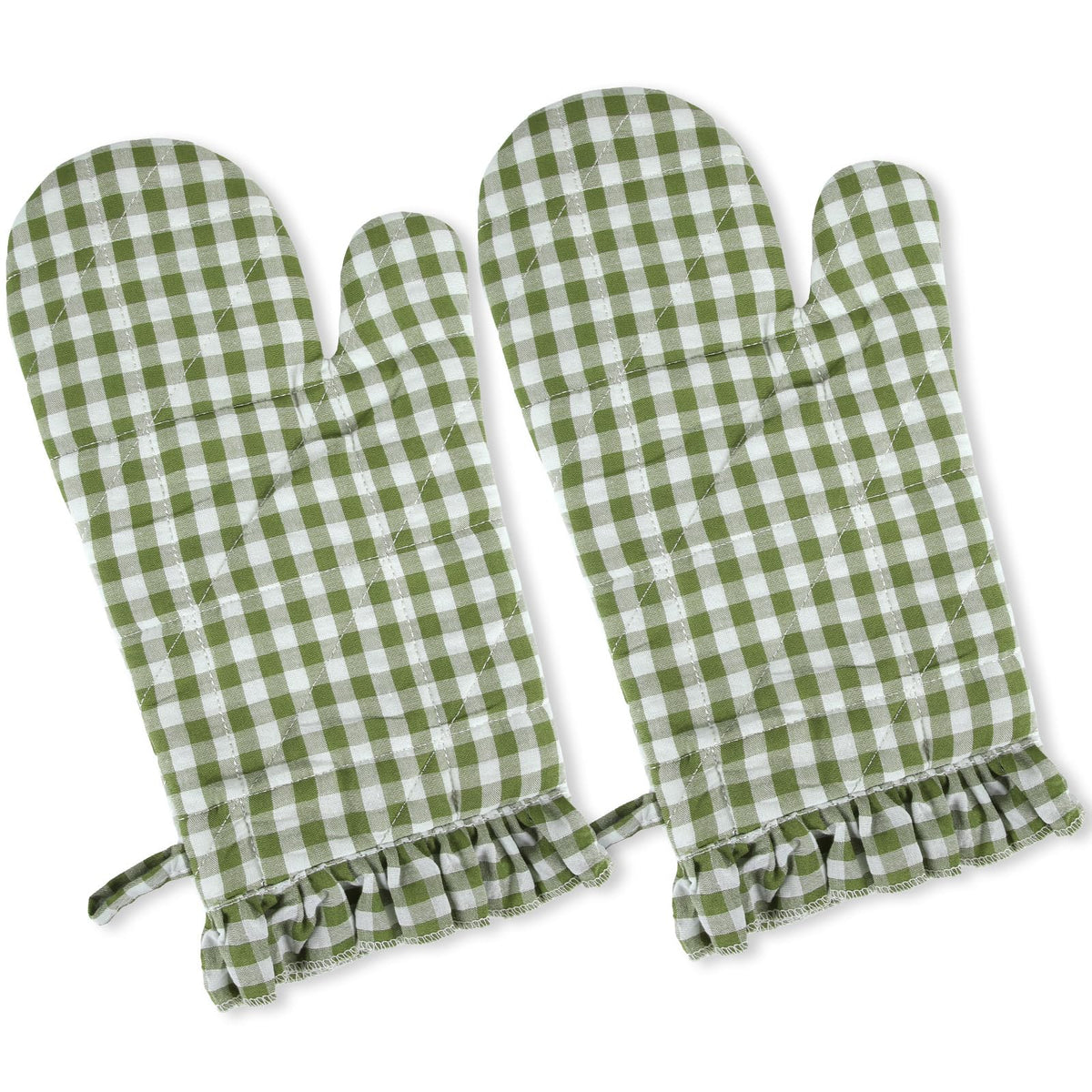 Twistover Ruffle Gingham Oven Mitts 2-Pack Set, Sage Green, 7"x13"