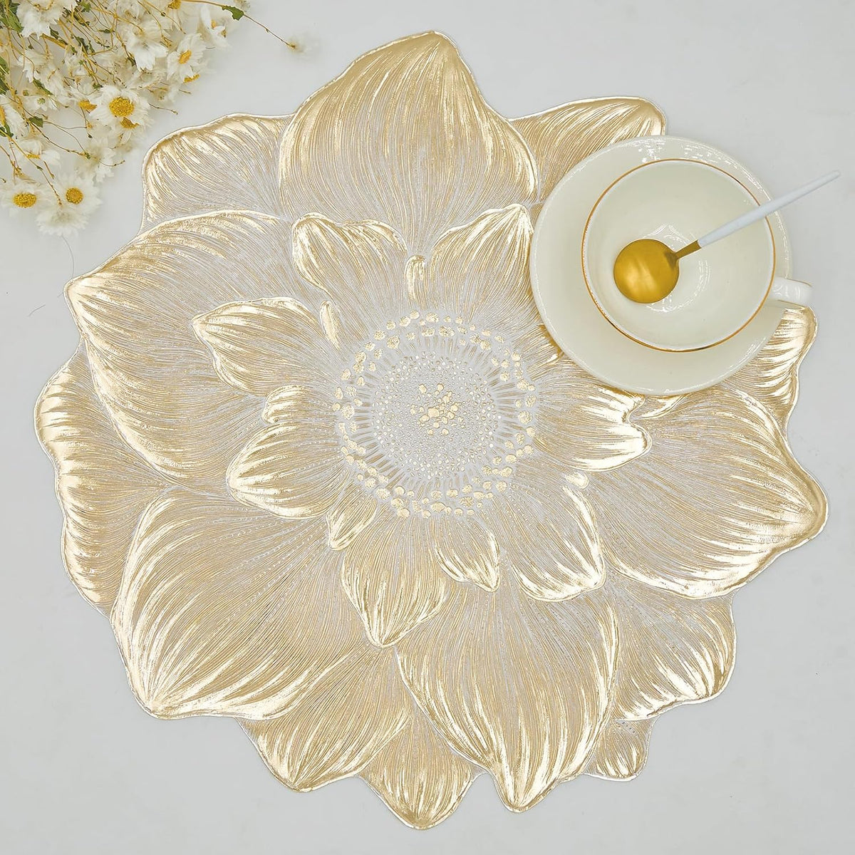 Gold Placemats Set of 6, Creative 3D Flower Placemats Waterproof Oil-Proof