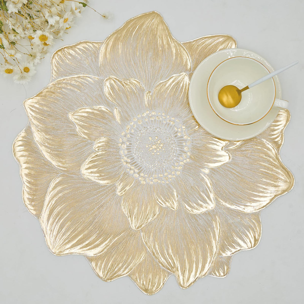 Gold Placemats Set of 6, Creative 3D Flower Placemats Waterproof Oil-Proof