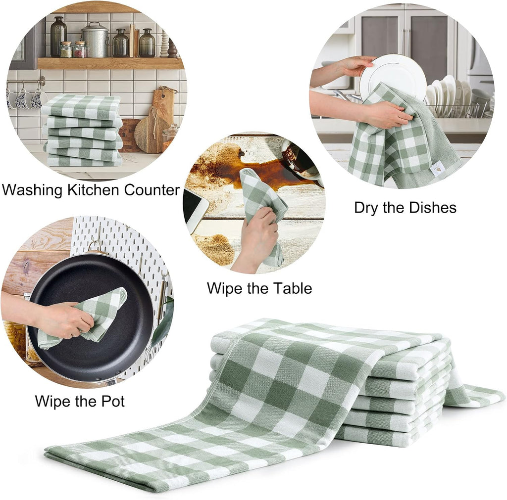 PiccoCasa 100% Cotton Drying Dish Towels Set of 6, Plaid 13x29 Green White
