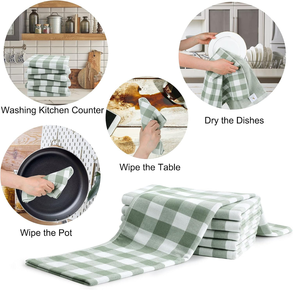 PiccoCasa 100% Cotton Drying Dish Towels Set of 6, Plaid 13x29 Green White