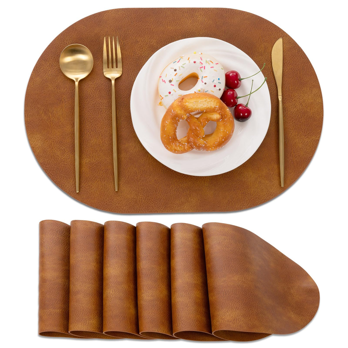 SHACOS Faux Leather Oval Placemats Set of 6 Heat Resistant, White Oak Beige