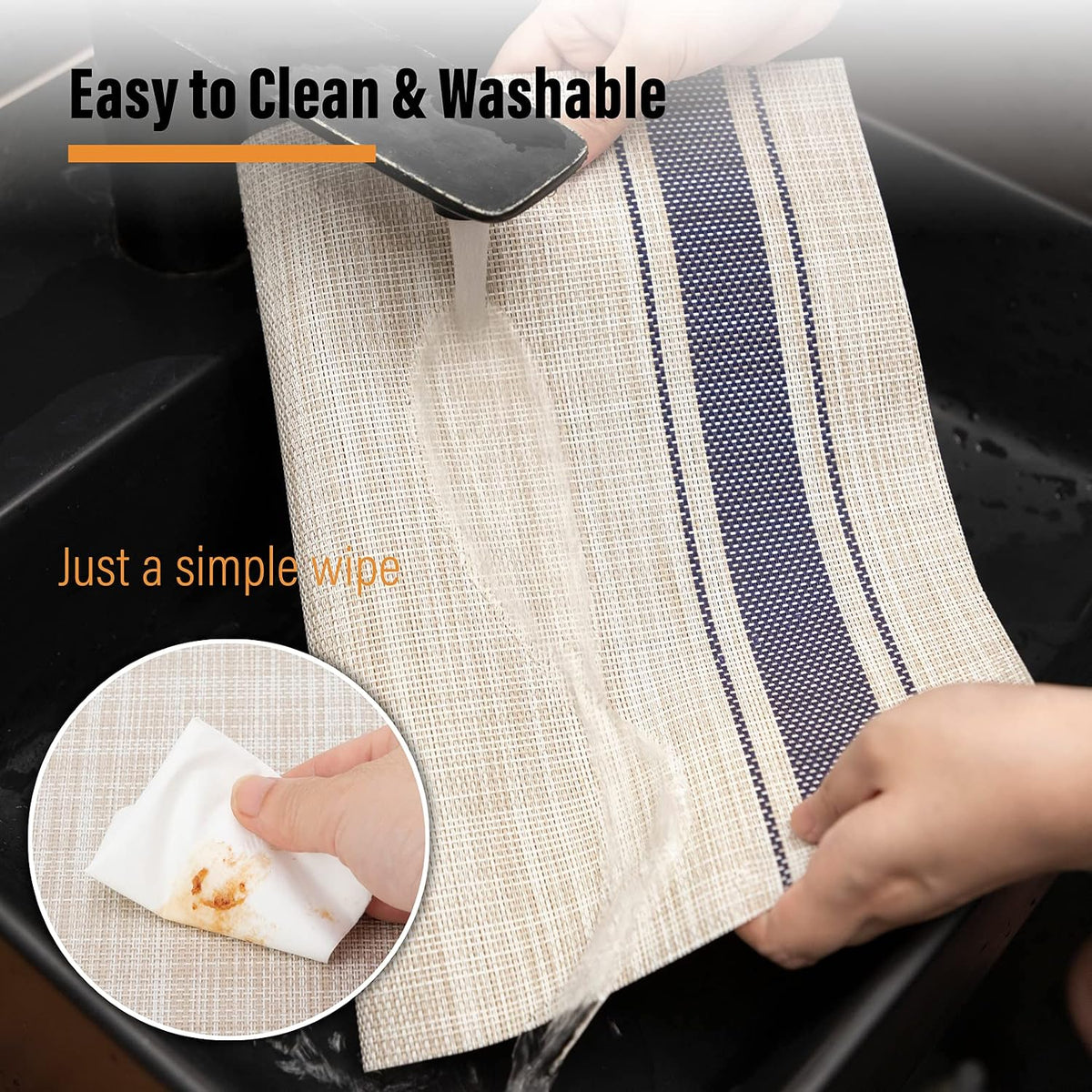 Winknowl Placemats Set of 8, Heat Resistant Non-Slip Vinyl Woven Table Mats for Dining Table, Washable Durable Elegant Place Mats for Kitchen Indoor/Outdoor Use (Beige Blue)