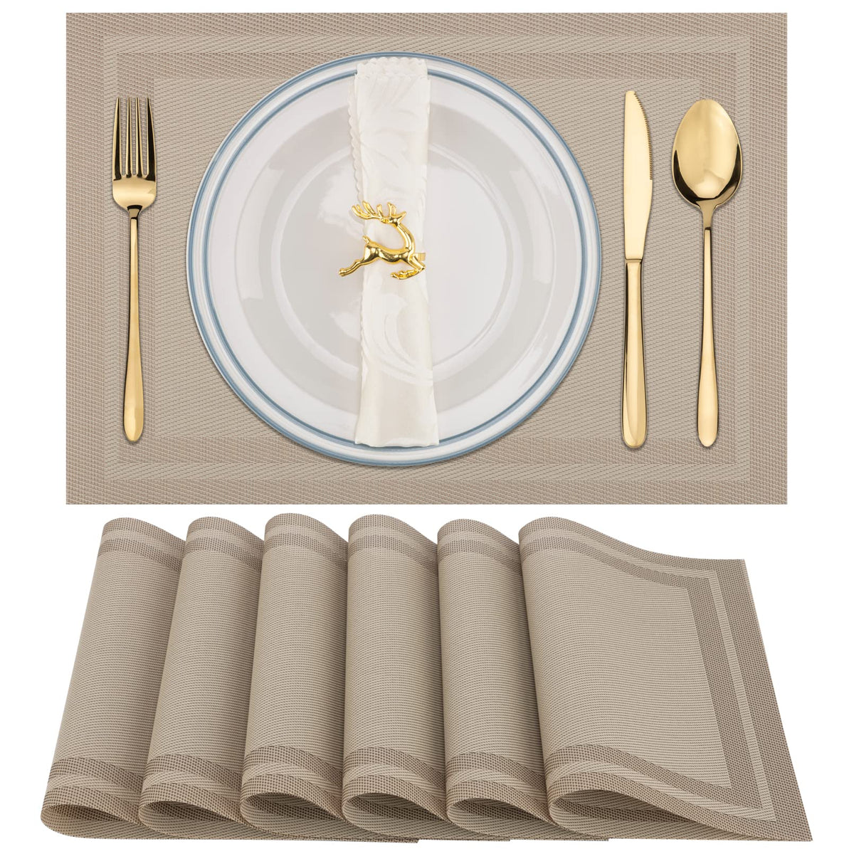 Winknowl Placemats Set of 4，Heat Resistant Woven Vinyl Washable PVC Place Mats，Non-Slip Stain Resistant Indoor/Outdoor Table Mats for Dining Table (Brown)