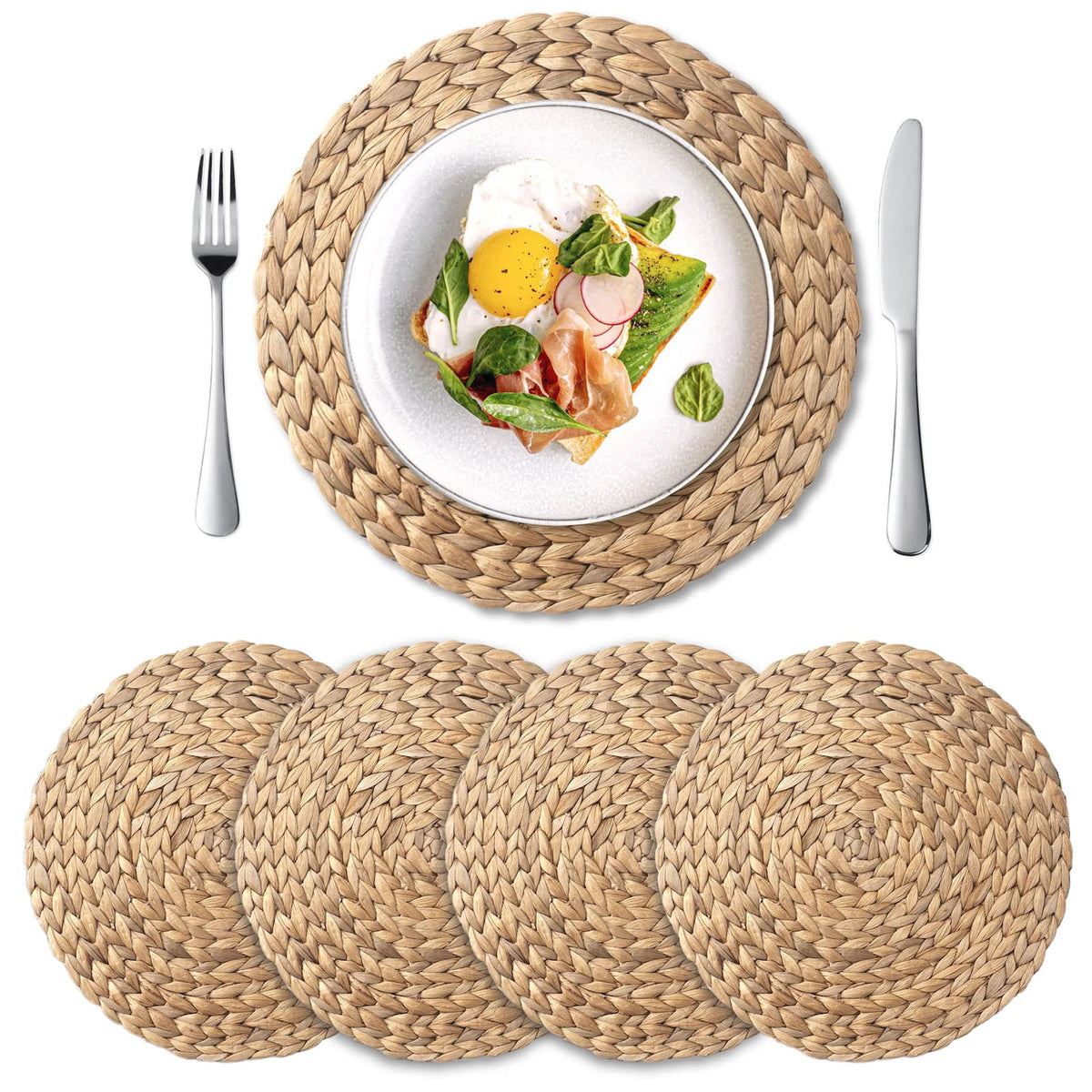 6 Pack, Round Woven Placemats, Natural Water Hyacinth Wicker Place mats, Braided Straw Table Mats, Charger Plates for Dining Table, Fall, Thanksgiving, Christmas (13.8 inch)
