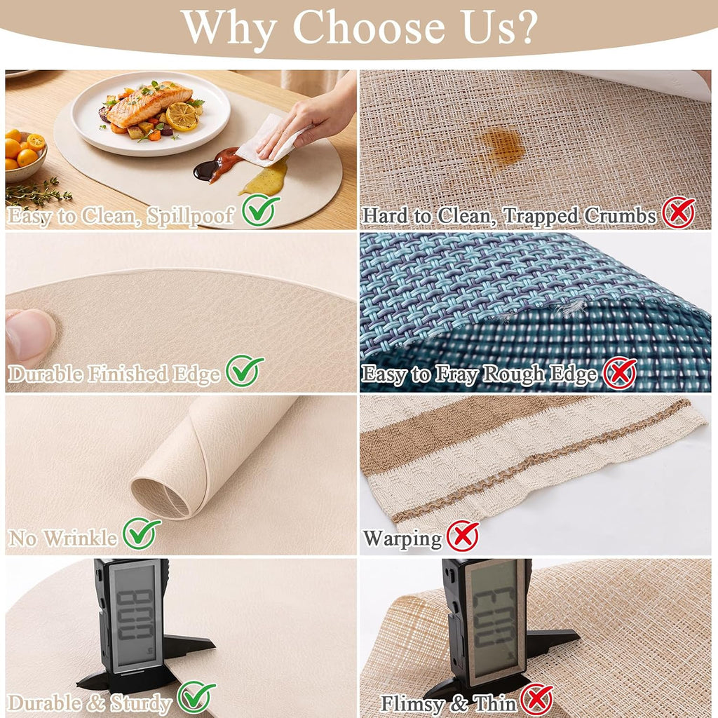 SHACOS Faux Leather Oval Placemats Set of 6 Heat Resistant, White Oak Beige