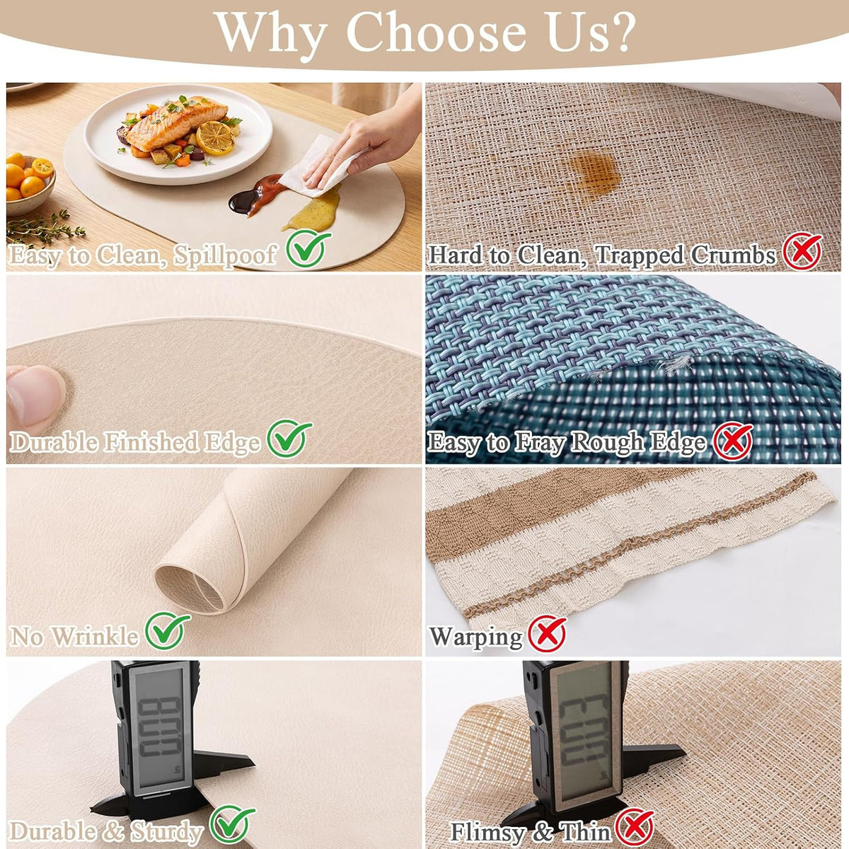 SHACOS Faux Leather Oval Placemats Set of 6 Heat Resistant, White Oak Beige
