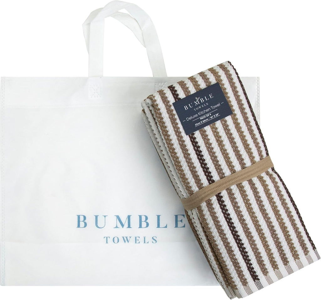 Bumble Kitchen Towels 6 Pack 100% Cotton 16"x26" - Tan Wide Stripe