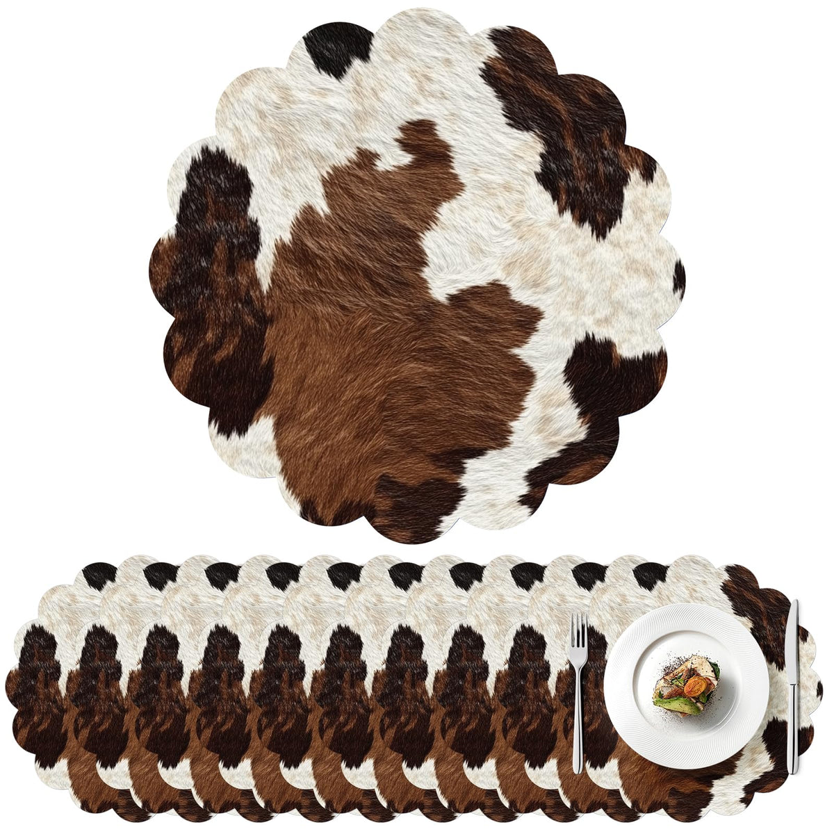 100 Pcs Fall Floral Paper Placemats 13.5 Inches Scalloped Brown Floral Paper Placemats Disposable Autumn Wildflower Place Mats for Wedding Bridal Baby Shower Thanksgiving Harvest Party Supplies